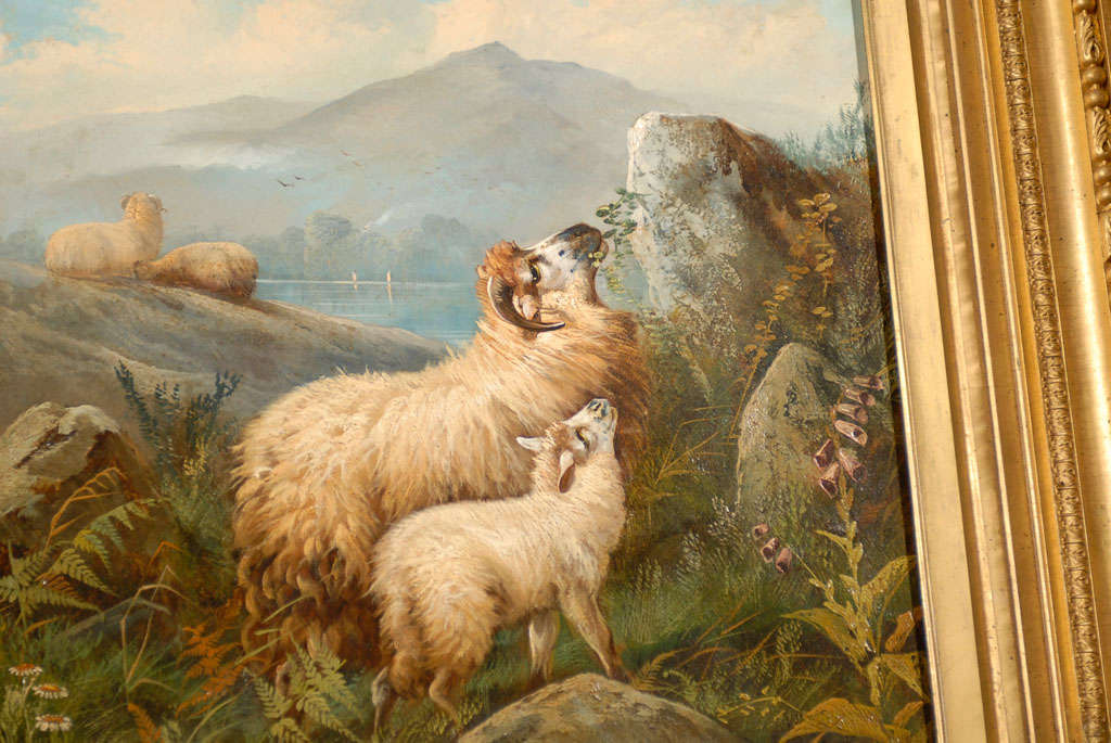 19th Century English 19th Century Sheep in Landscape Painting by John W. Morris in Gilt Frame For Sale