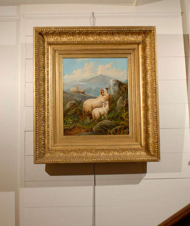 English 19th Century Sheep in Landscape Painting by John W. Morris in Gilt Frame For Sale 1