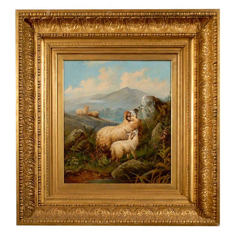 Peinture anglaise du XIXe siècle représentant un mouton dans un paysage, réalisée par I. John Morriss dans un cadre doré