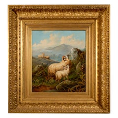 English 19th Century Sheep in Landscape Painting by John W. Morris in Gilt Frame