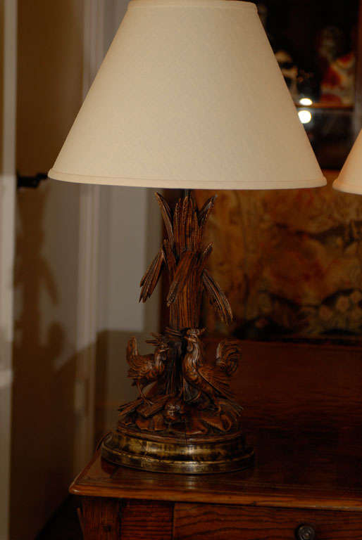 German Pair of Black Forest Lamps with Chickens