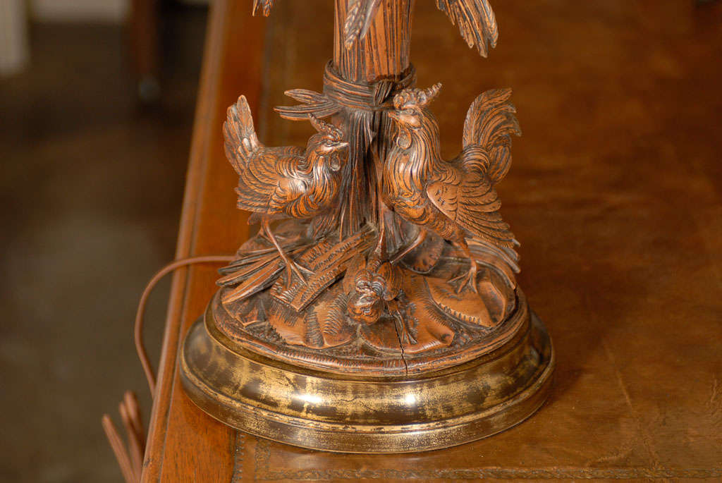 Wood Pair of Black Forest Lamps with Chickens