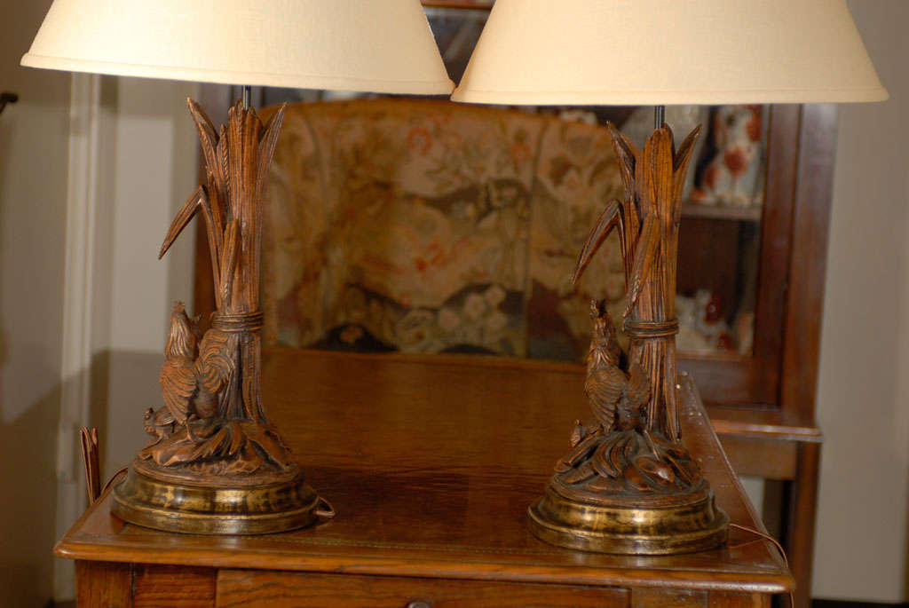 Pair of Black Forest Lamps with Chickens 2