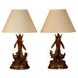 Pair of Black Forest Lamps with Chickens