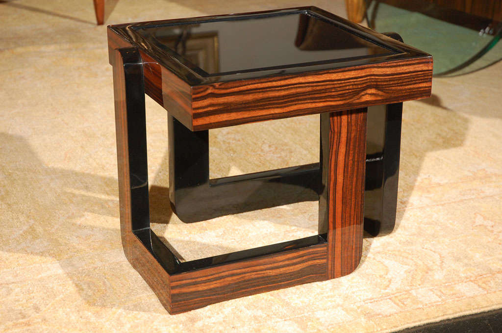 Glass Art Deco Macassar Ebony and Black Lacquer Side Table