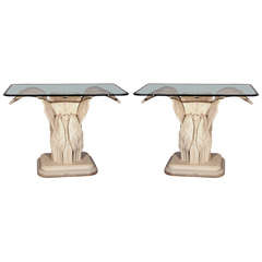 Pair of Glass Top Leaf Base Console Tables Attributed to Robert Marcius
