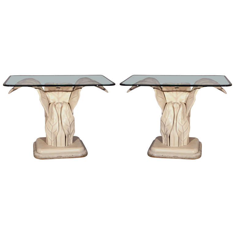 Pair of Glass Top Leaf Base Console Tables Attributed to Robert Marcius