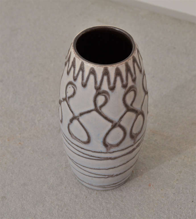 Interesting Taupe Ceramic Vase with Grey painted detail.