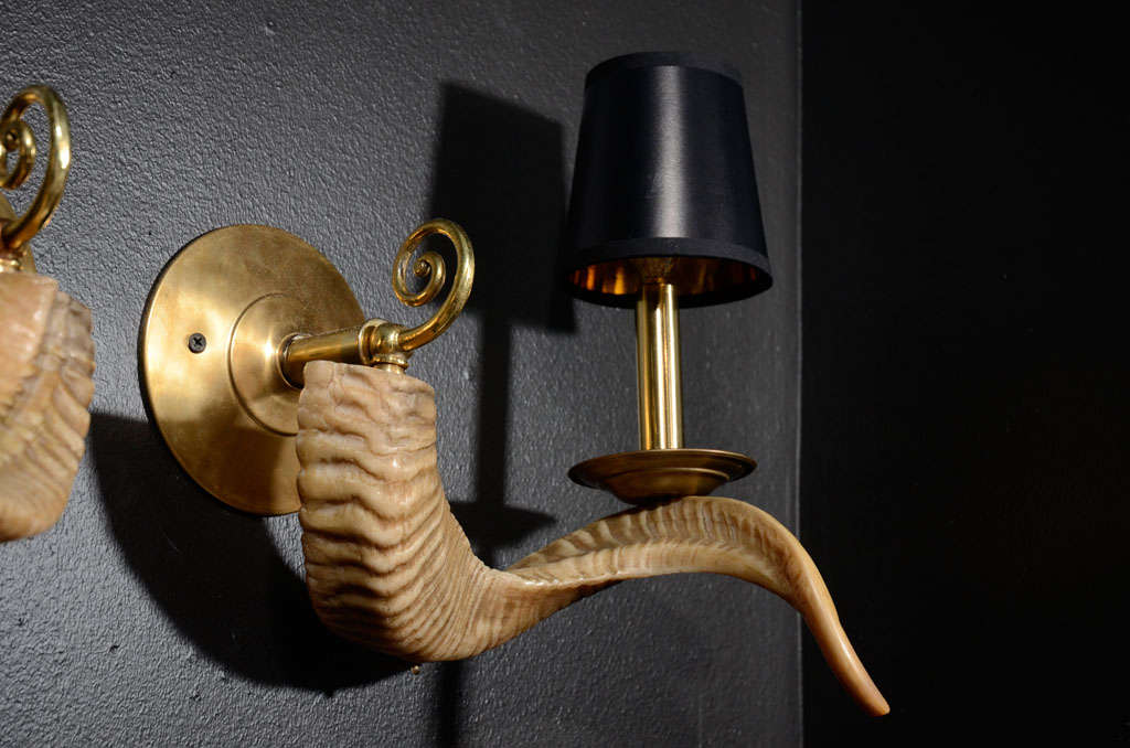 Pair of Stylized Vintage Ram Horn Sconces In Excellent Condition In Fort Lauderdale, FL