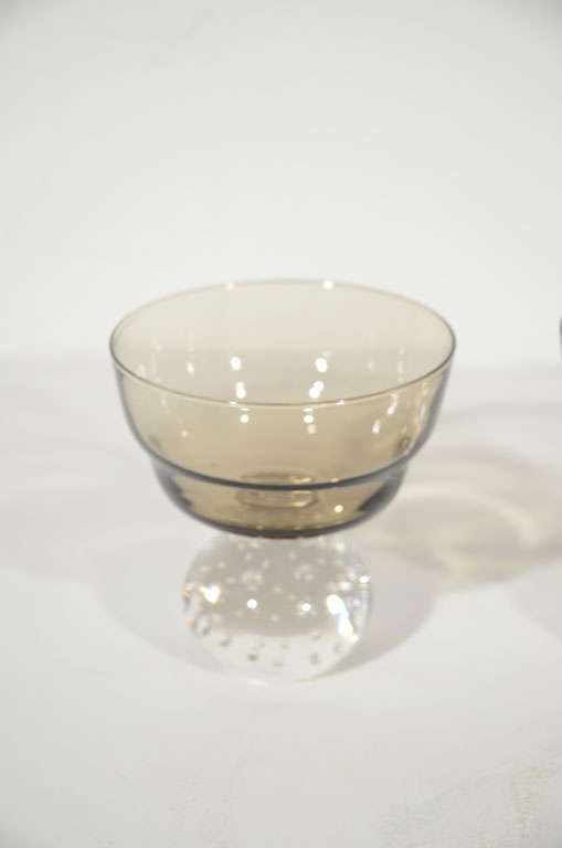 Italian Set of Six Smoked Crystal Dessert Bowls with Murano Glass Bases