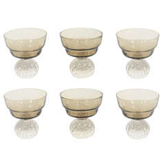 Vintage Set of Six Smoked Crystal Dessert Bowls with Murano Glass Bases