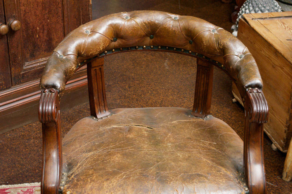 Tufted Leather and Mahogany Barrel-Back Library Chair In Distressed Condition For Sale In San Francisco, CA