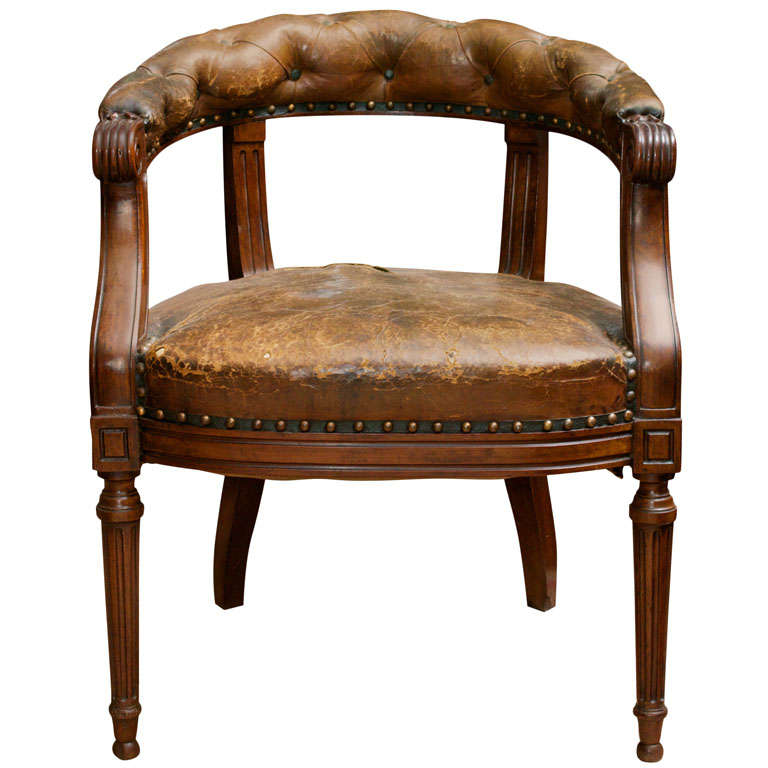 Tufted Leather and Mahogany Barrel-Back Library Chair For Sale