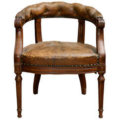 Tufted Leather and Mahogany Barrel-Back Library Chair