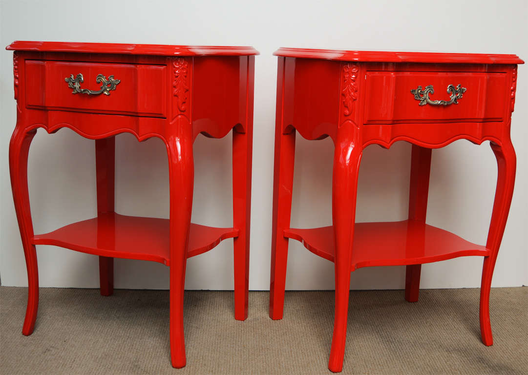 Freshly refinished in pure, bright, glossy red, these 2 nightstands offer a luxe punch of color in your bedroom.  Petite but full of Wow Factor.  Newly chromed handles.
