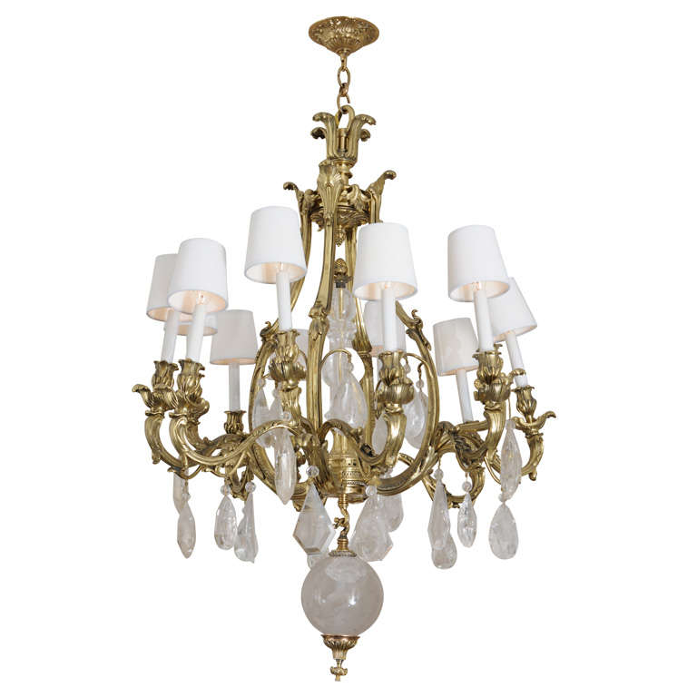 French c.1900 Bronze and Oversized Quartz Crystal Chandelier For Sale