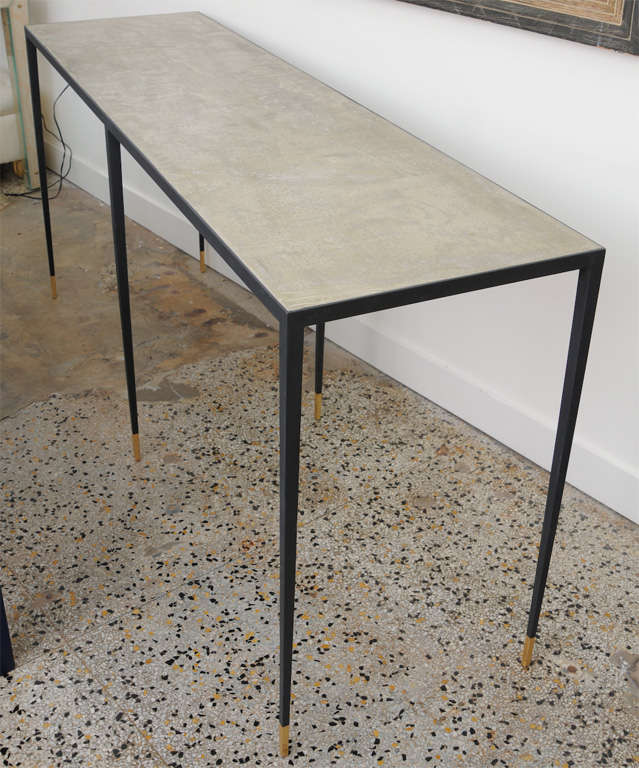 Exquisite JFM Style long iron console with polished concrete top. 