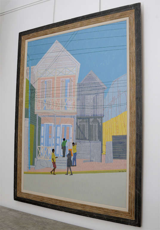 Depth and detail, this Peter Lynn large-scale painting of a street scene in St. Croix depicts a moment in time so beautifully. Great cerused oak frame.

Lynn has lived in such varied places as the West Indies, the Southwestern U.S and Lower East