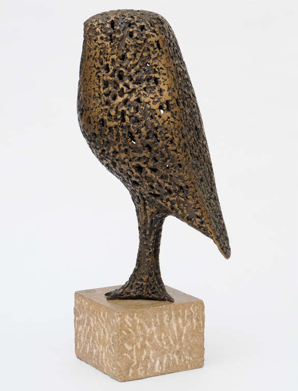 RARE Bronze sculpture of tall owl on carved granite base.  Piece is signed 