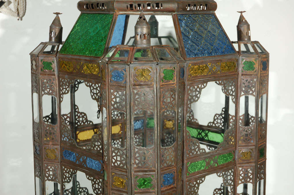Metal Moroccan Vintage Moorish Glass Lantern from Marrakech For Sale