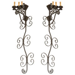 Set of Three Large Spanish Wrought Iron Wall Sconces with Three Lights