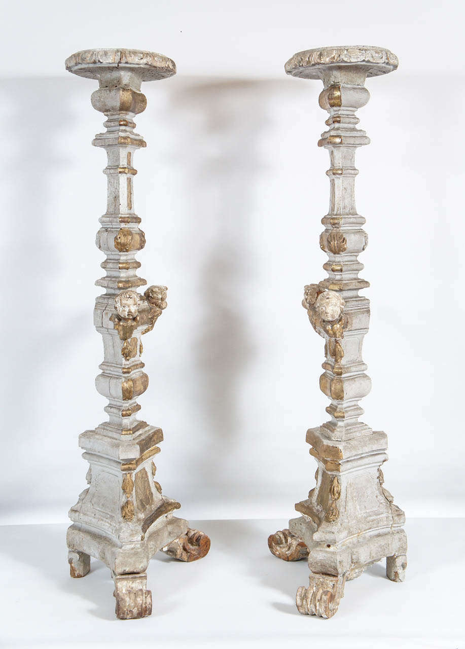 Pair of 18th C. Italian Gilt Wood Pricket Floor Altar Candlesticks For