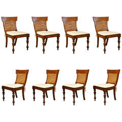 Set of 8 Klismos Style Dining Chairs, Cane with Leather Pads