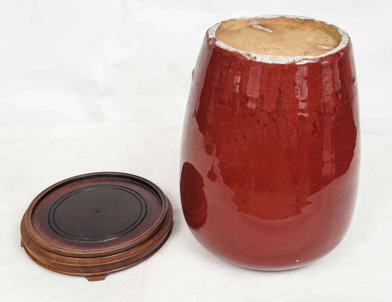Ceramic Covered Asian Jar in Oxblood on Stand, 19th Century