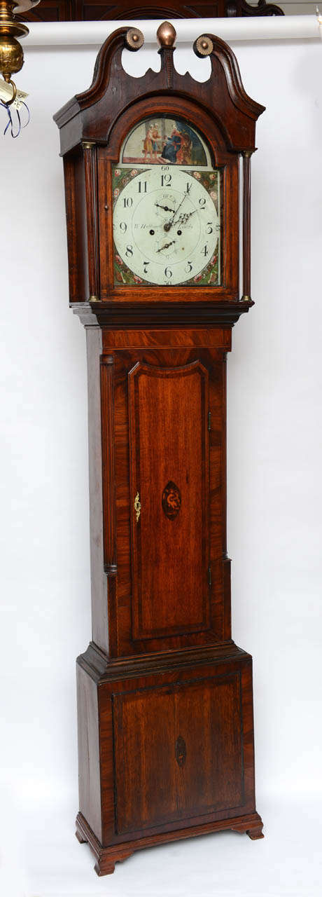 English Tall Case/ Grandfather Clock, signed on  the hand painted dial, 