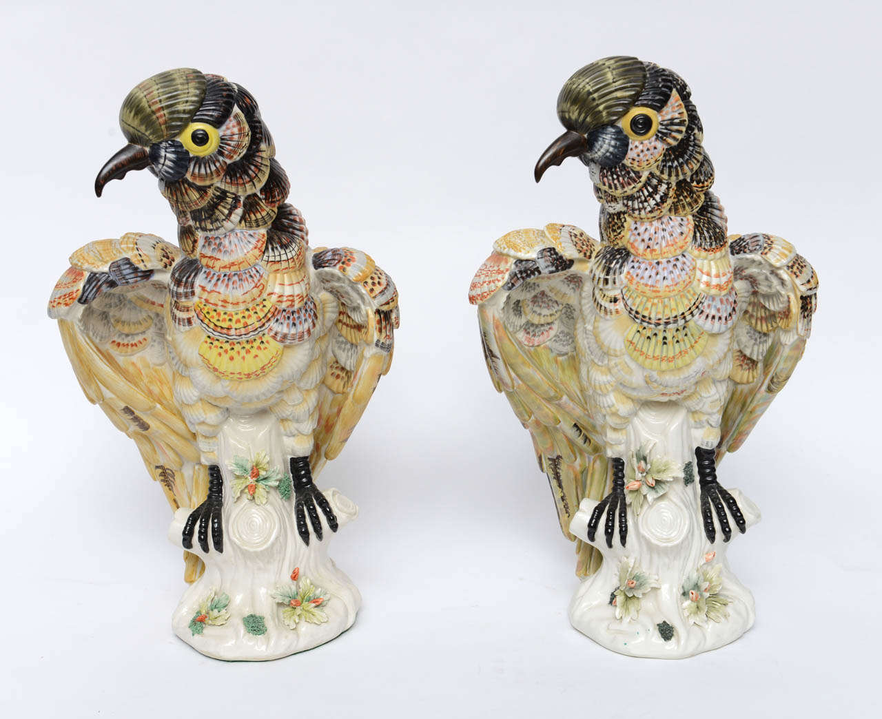 Huge Pair of Porcelain Owls with a Shell Motif