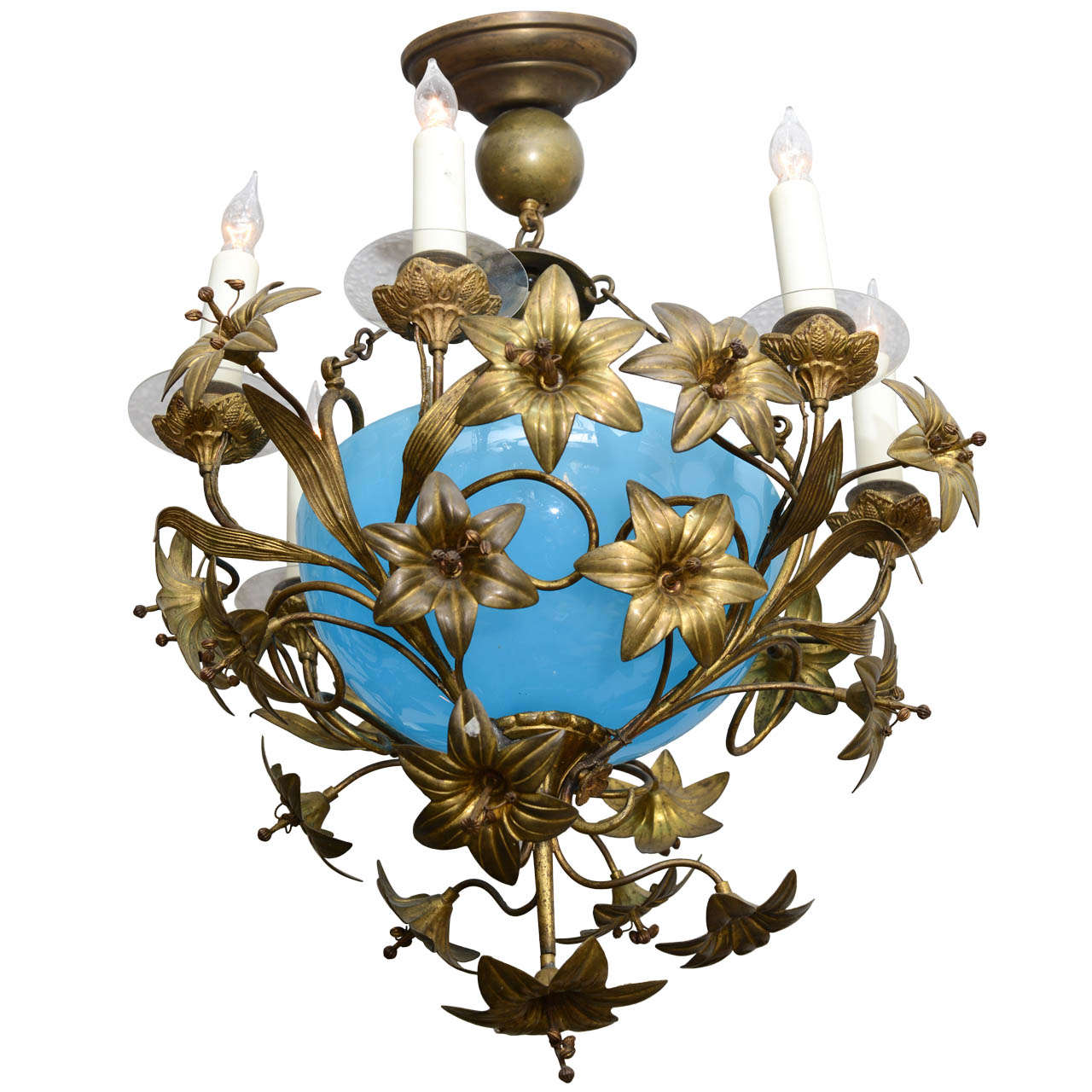 French Blue Opaline & Ormolu Chandelier, 19th Century