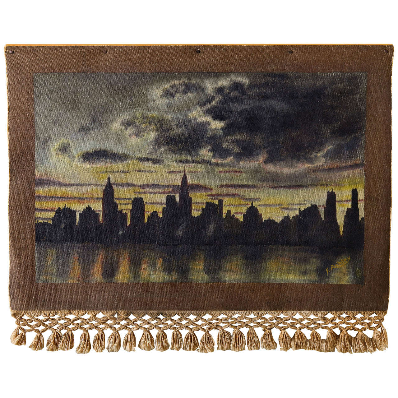 1940 Oil on Weave New York City Skyscraper Painting Attributed to Frank Ashley For Sale