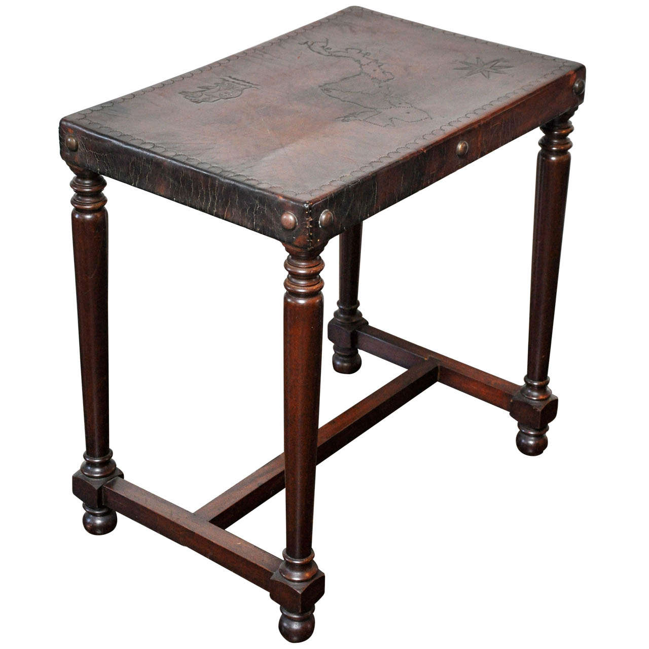Tooled Leather Top Side Table For Sale