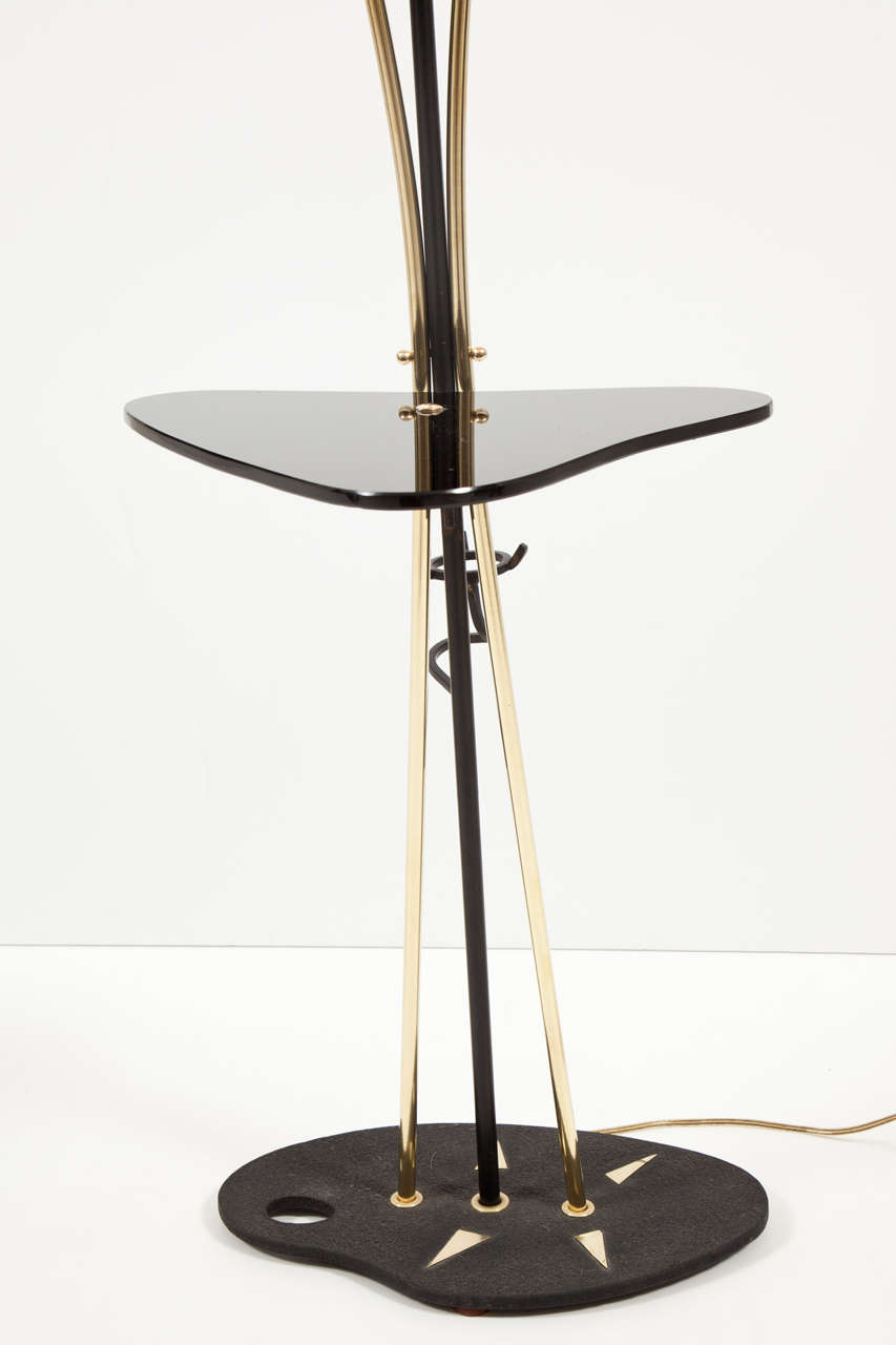 Mid-Century Modern Two-Head Floor Lamp, France, circa 1950, Brass with Black Glass Details