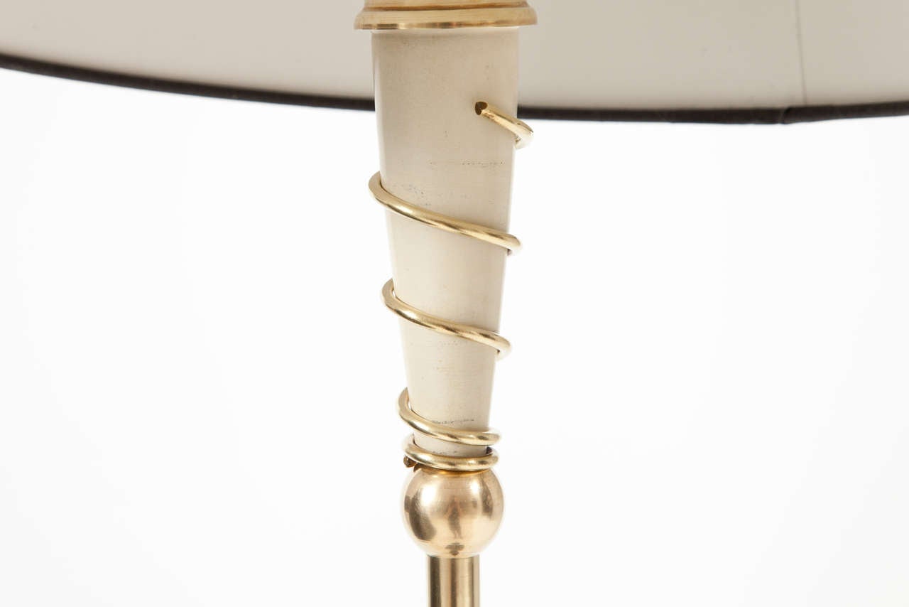 French Two-Head Floor Lamp, France, circa 1950, Brass with Black Glass Details