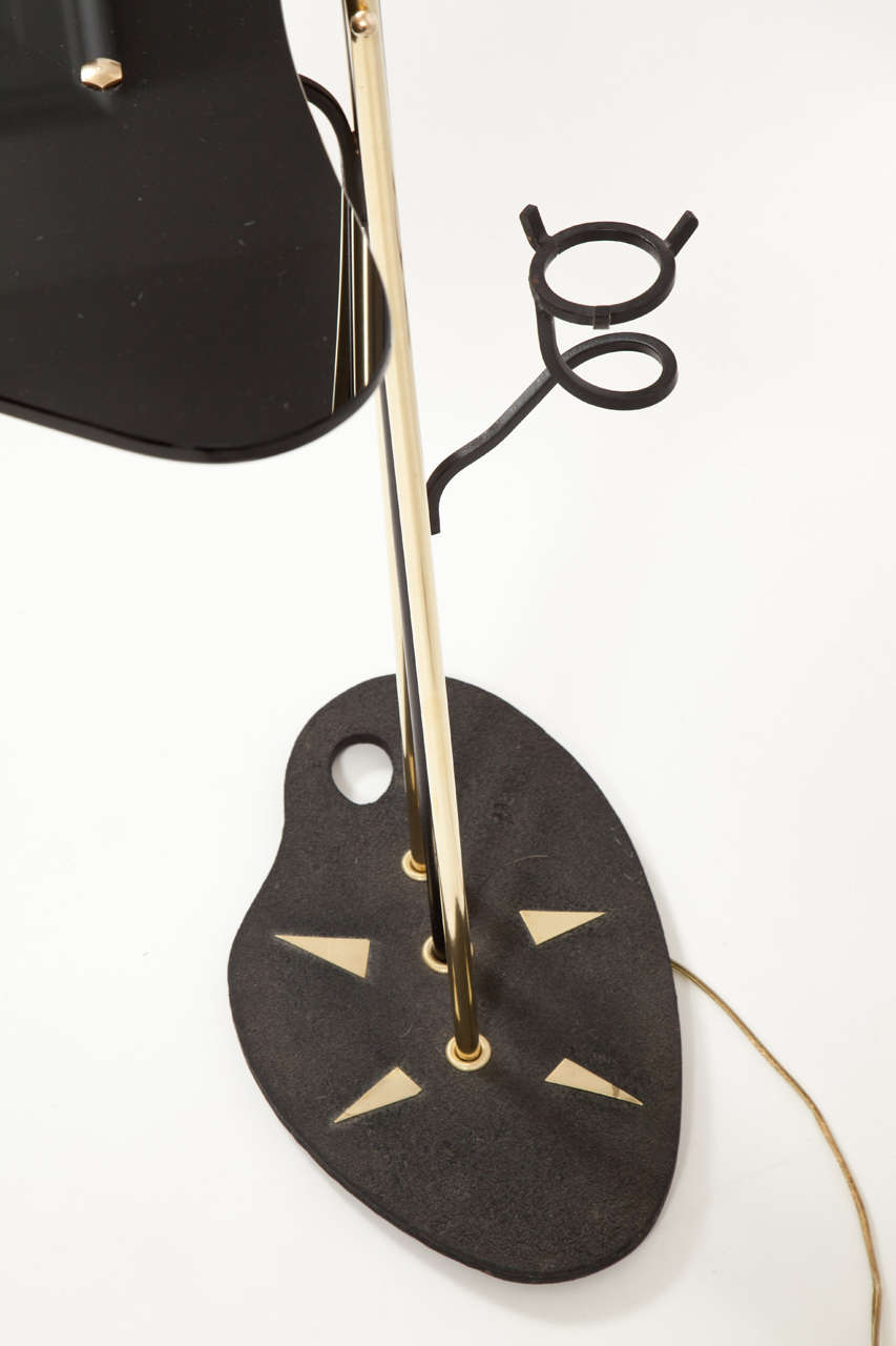 Dyed Two-Head Floor Lamp, France, circa 1950, Brass with Black Glass Details