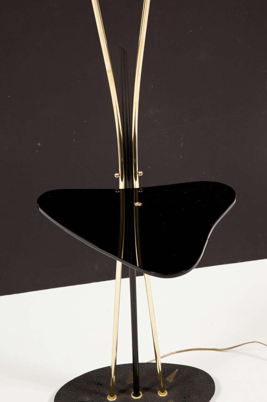 Two-Head Floor Lamp, France, circa 1950, Brass with Black Glass Details In Good Condition In New York, NY