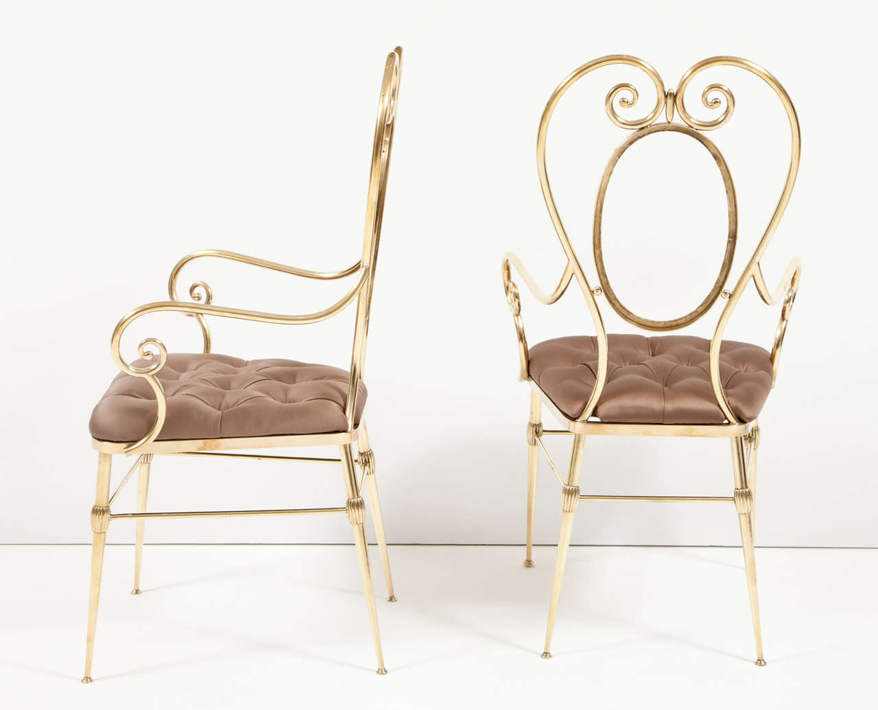 Chairs, Pair of Brass Chairs with Silk Upholstery, Mid-Century Design, Brass Leg For Sale 1