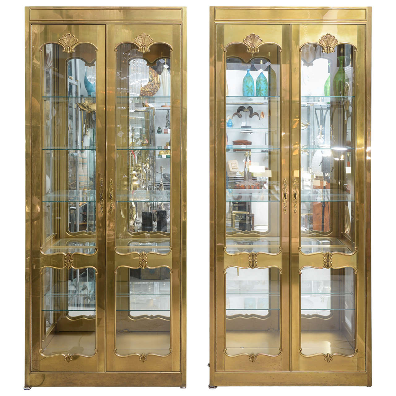 Pair of Mastercraft Brass Vitrines with Shell Motif