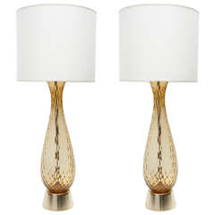 Pair of Light Amber Quilted Murano Glass Lamps