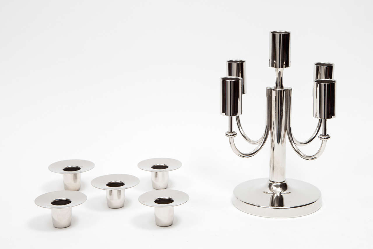 Pair of Tommi Parzinger Polished Nickel Candelabra In Excellent Condition For Sale In New York, NY