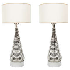 Pair of Murano Glass Lamps with Black and Cream Stripe