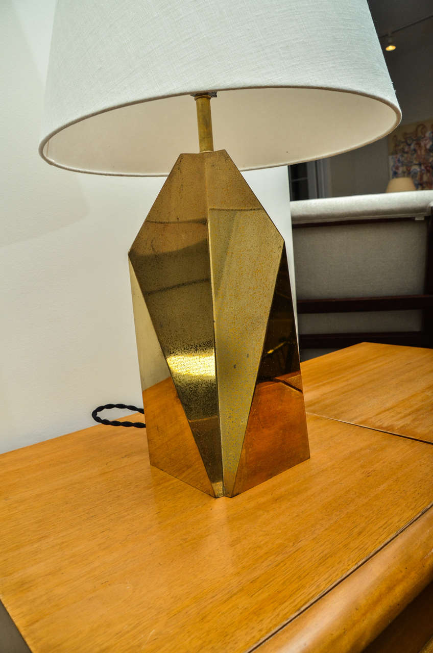 American Pair of Faceted Table Lamps in Unlacquered Brass