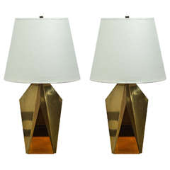Pair of Faceted Table Lamps in Unlacquered Brass