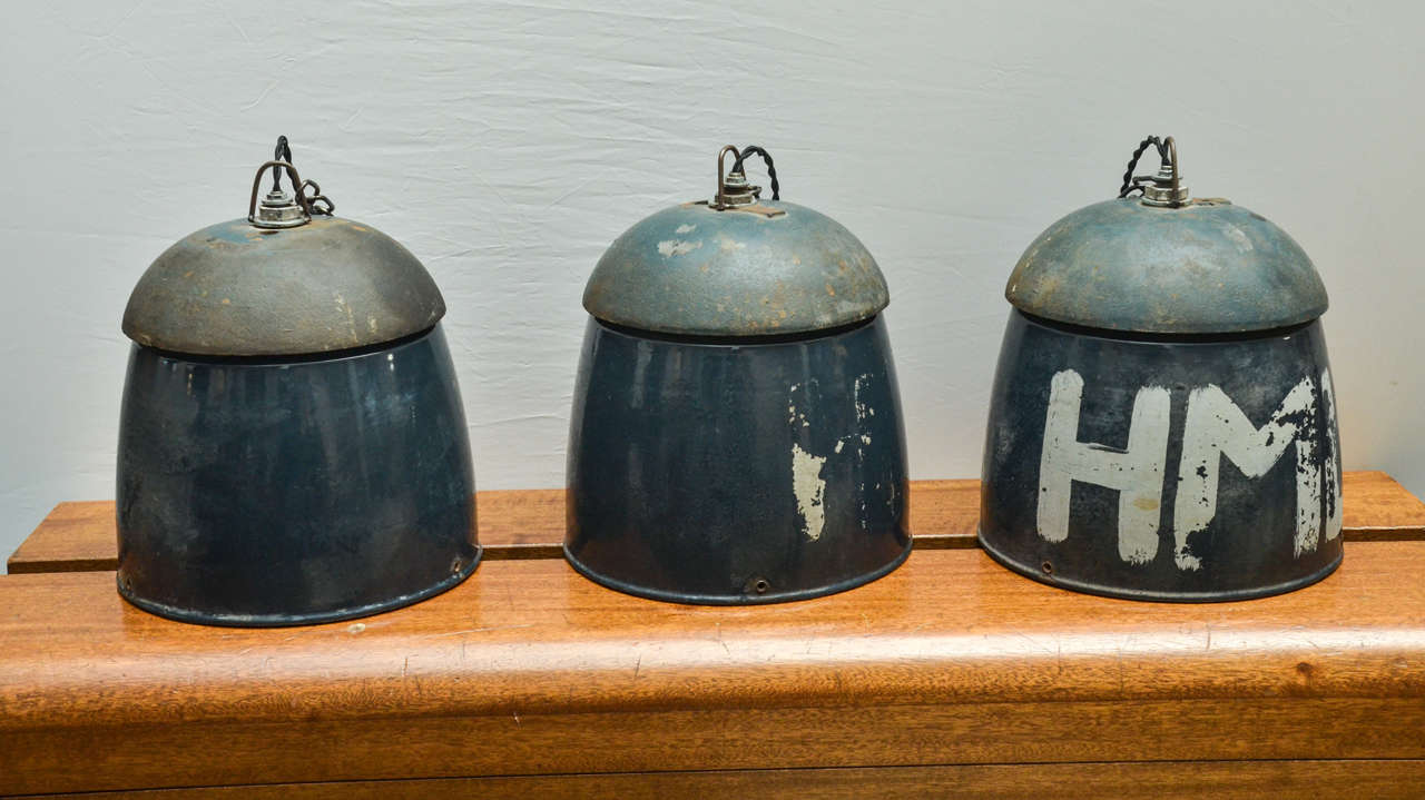 French Industrial Pendant Lights - only one still has 'HMI painted on it + the others the text has worn off. Newly rewired with Canopy and Chain to hold one single Type A bulb. Individually sold, 3 available.