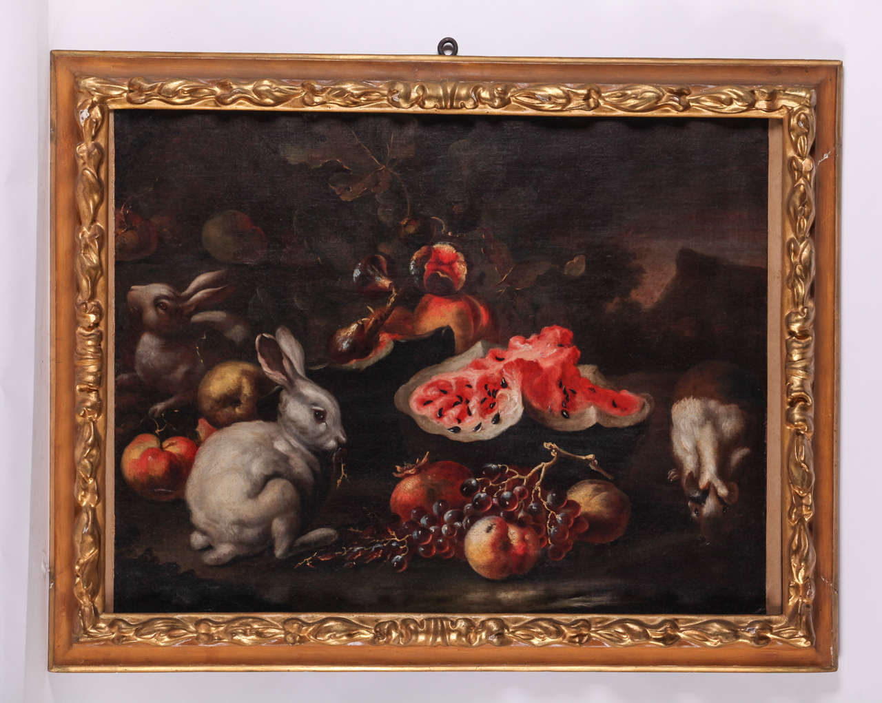 Baroque Italian painter, Still life with rabbits, oil on canvas, 17th Century For Sale