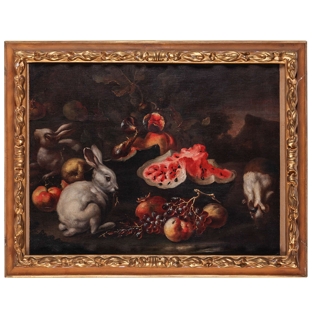 Italian painter, Still life with rabbits, oil on canvas, 17th Century For Sale