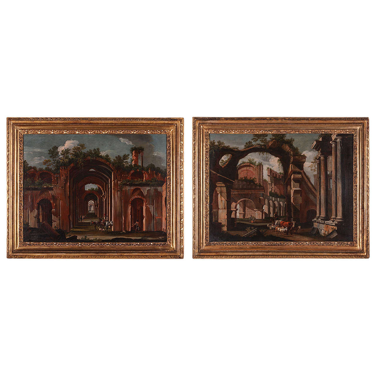 Italian painter, Architectural capriccio (pair), oil on canvas, 18th Century For Sale