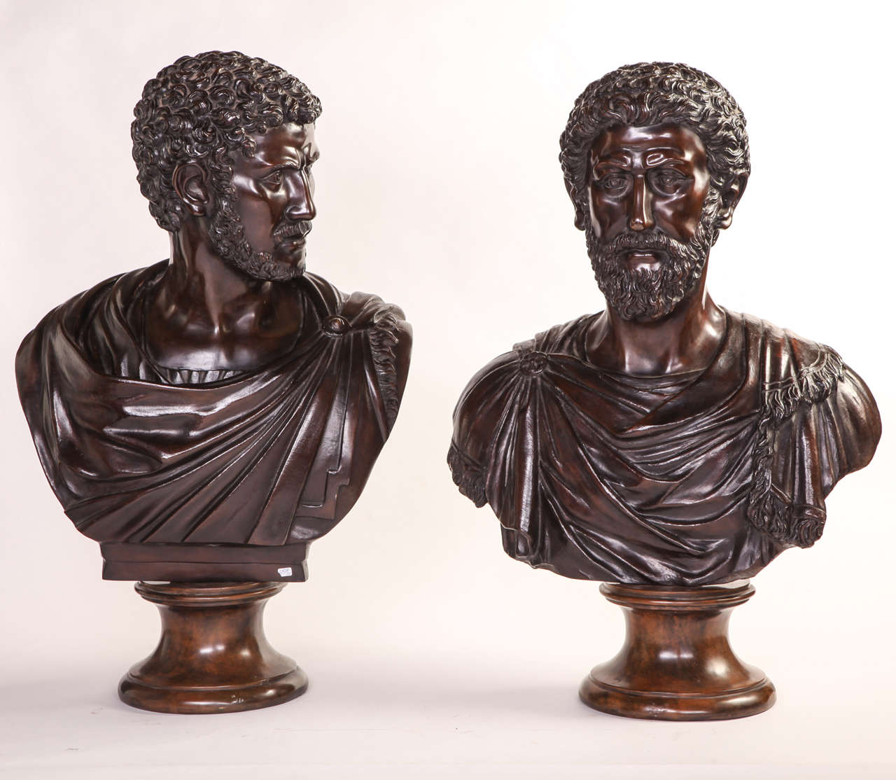 19th Century Bronze Busts of Roman Emperors, possibly Adriano and Marco Aurelio, signed C. V.