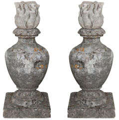 Antique Rare Pair of Carved Limestone Flame-Top Finials